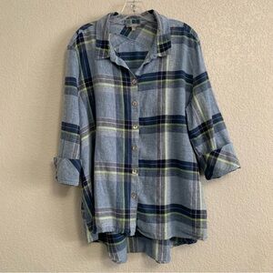 Habitat Shirt Top Womens XL Linen Plaid Button Up Preppy Coastal Beach Lagenlook
